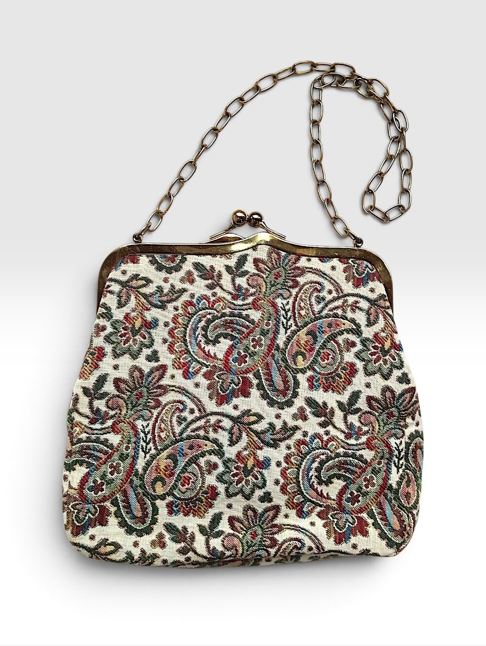 Vintage-Inspired Paisley Tapestry Handbag with Chain Strap - Cream Multi